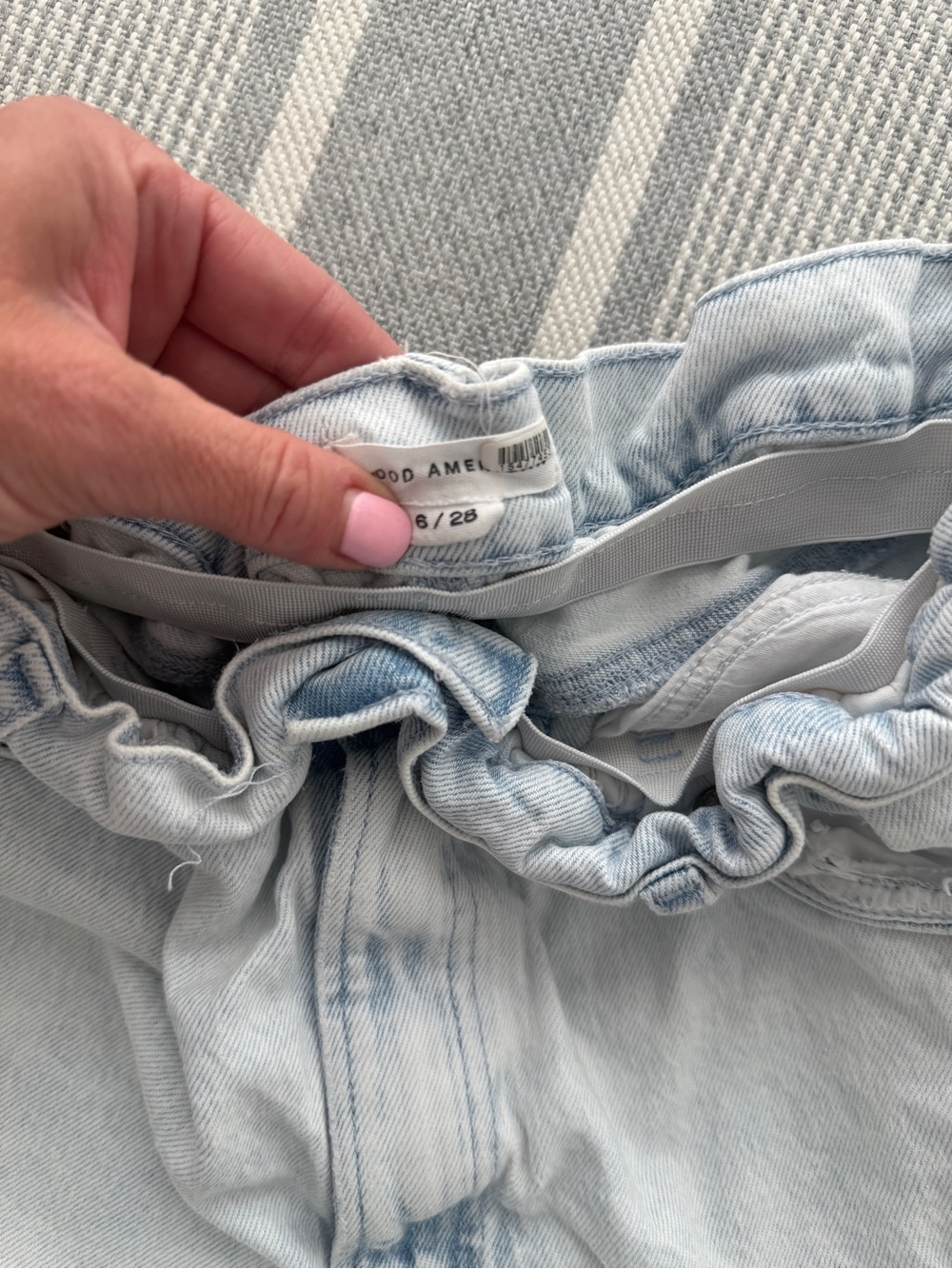 Good American Faded Light Blue Paperbag Waist Denim Shorts